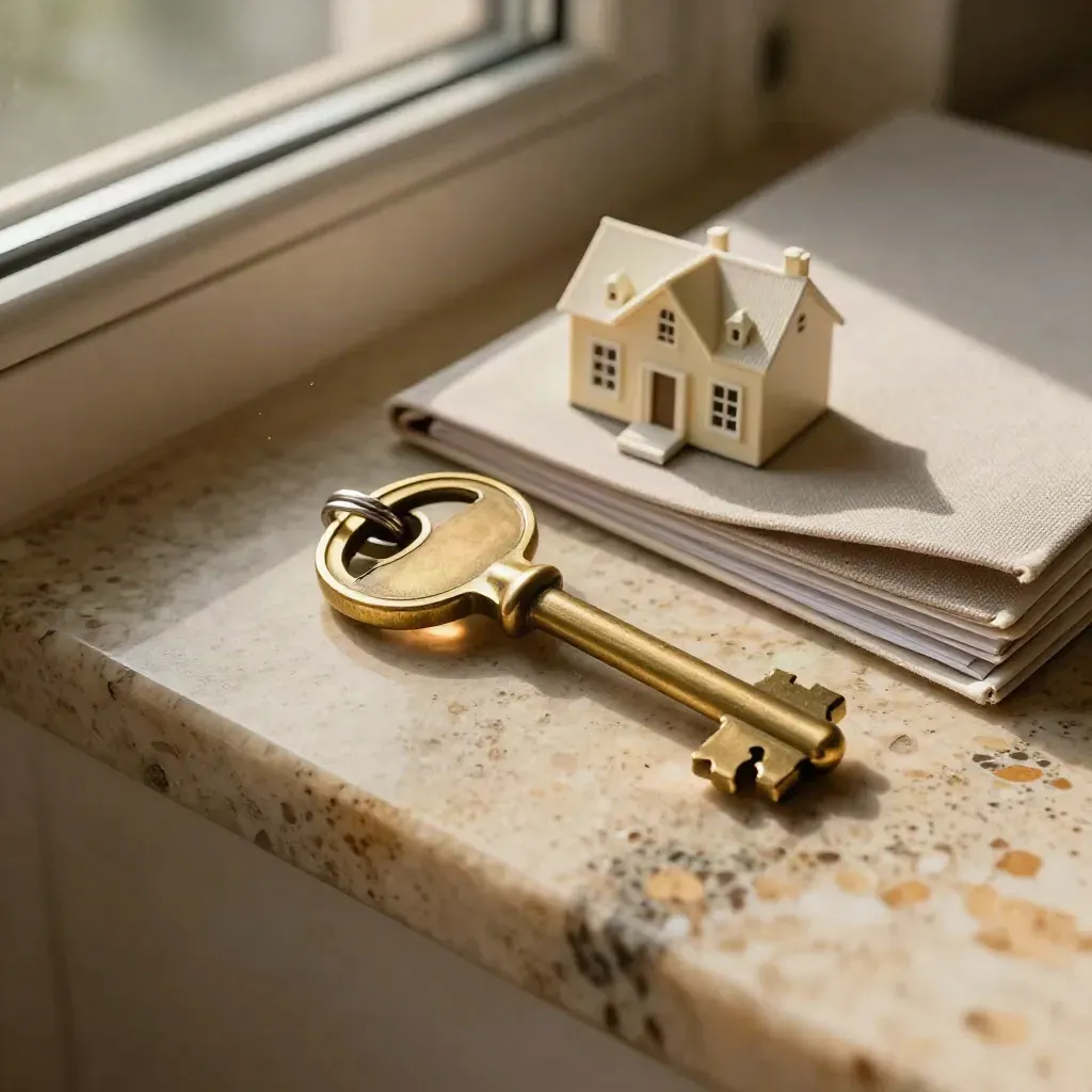 Kunci loyang, model rumah dan folder tertutup di sudut apartmen siap pindah.