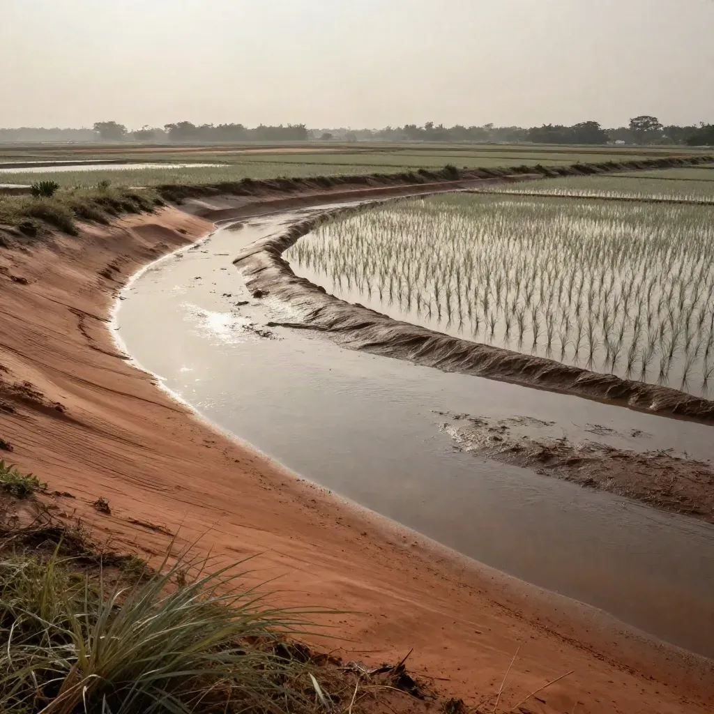 Sawah padi dan muara Selangor Utara berkabus lembut dengan cahaya petang.
